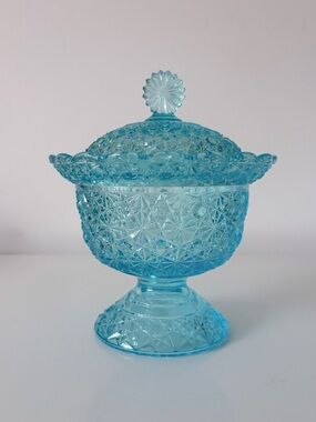 Daisy and Button Blue L.G. Wright Glass Compote Footed Candy Dish EAPG Fenton